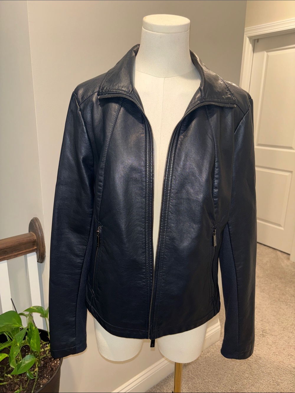 Kenneth Cole Women’s Navy Blue Leather Zip Jacket